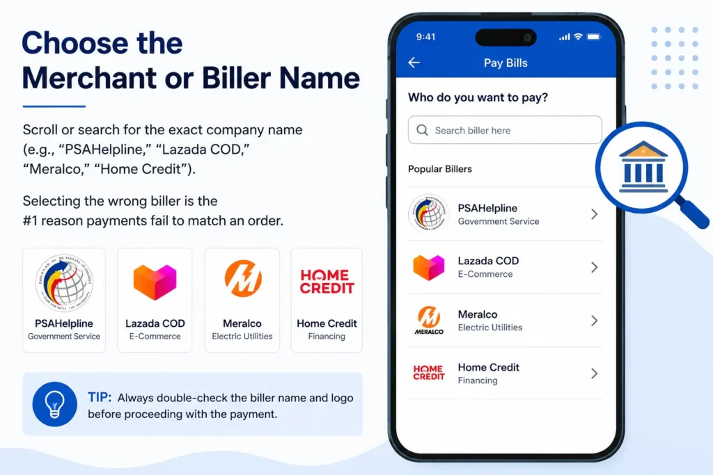 Choose the Merchant or Biller Name